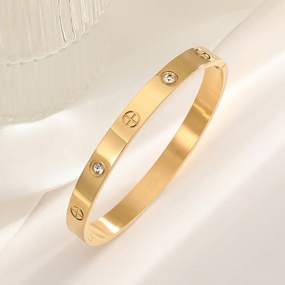 18K Gold Plated Stainless Steel Screw Style Bangle, Simulated Diamond